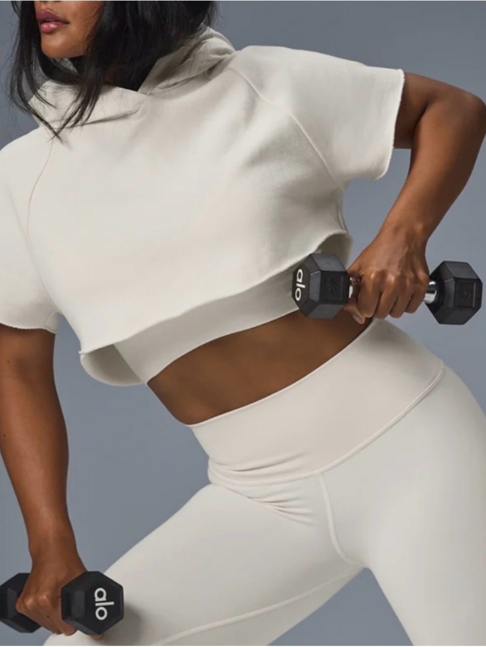 Alo Cropped Short-Sleeve Hooded Top in Cream